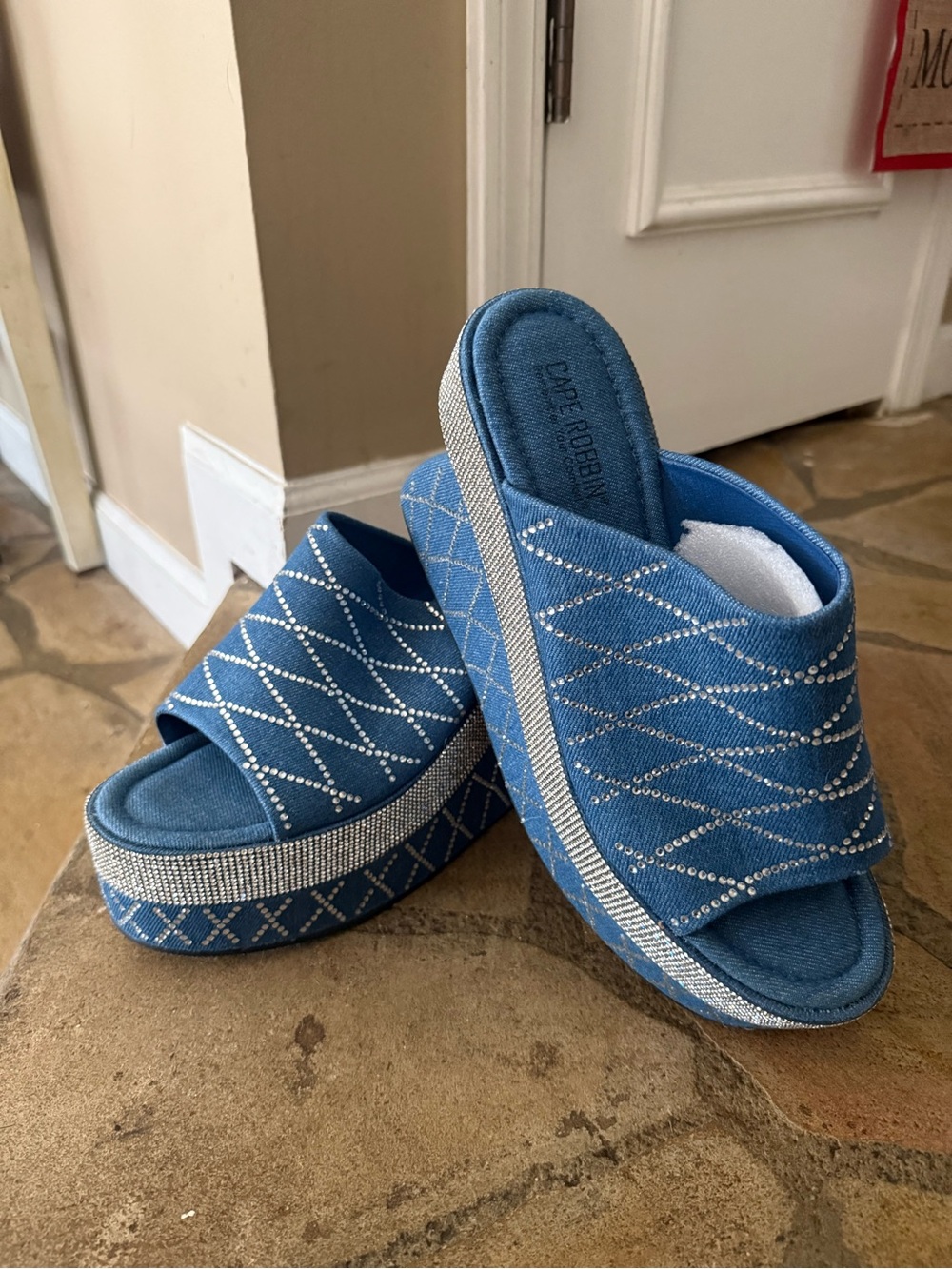 Cape Robbin Blue Rhinestone Embellished Platform Slide Sandals